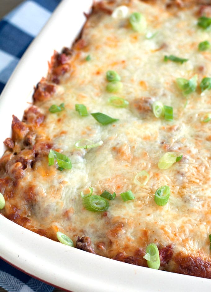 Ground beef noodle casserole in casserole dish