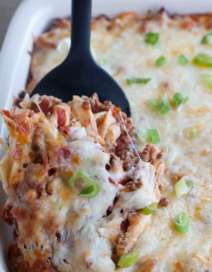 Ground Beef Pasta on a spatula