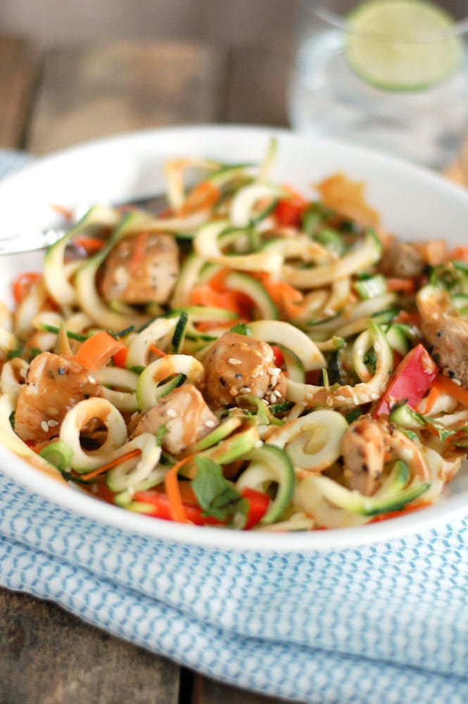 Plate with zoodles and diced chicken.