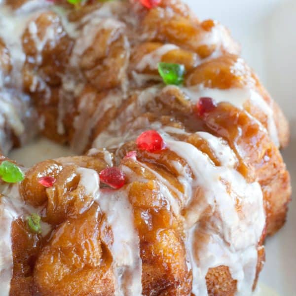 Pull apart bread with green and red cherries.