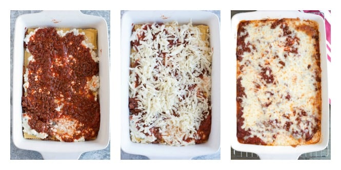 3 steps, meat sauce over ravioli layer, shredded cheese and then baked ravioli lasagna