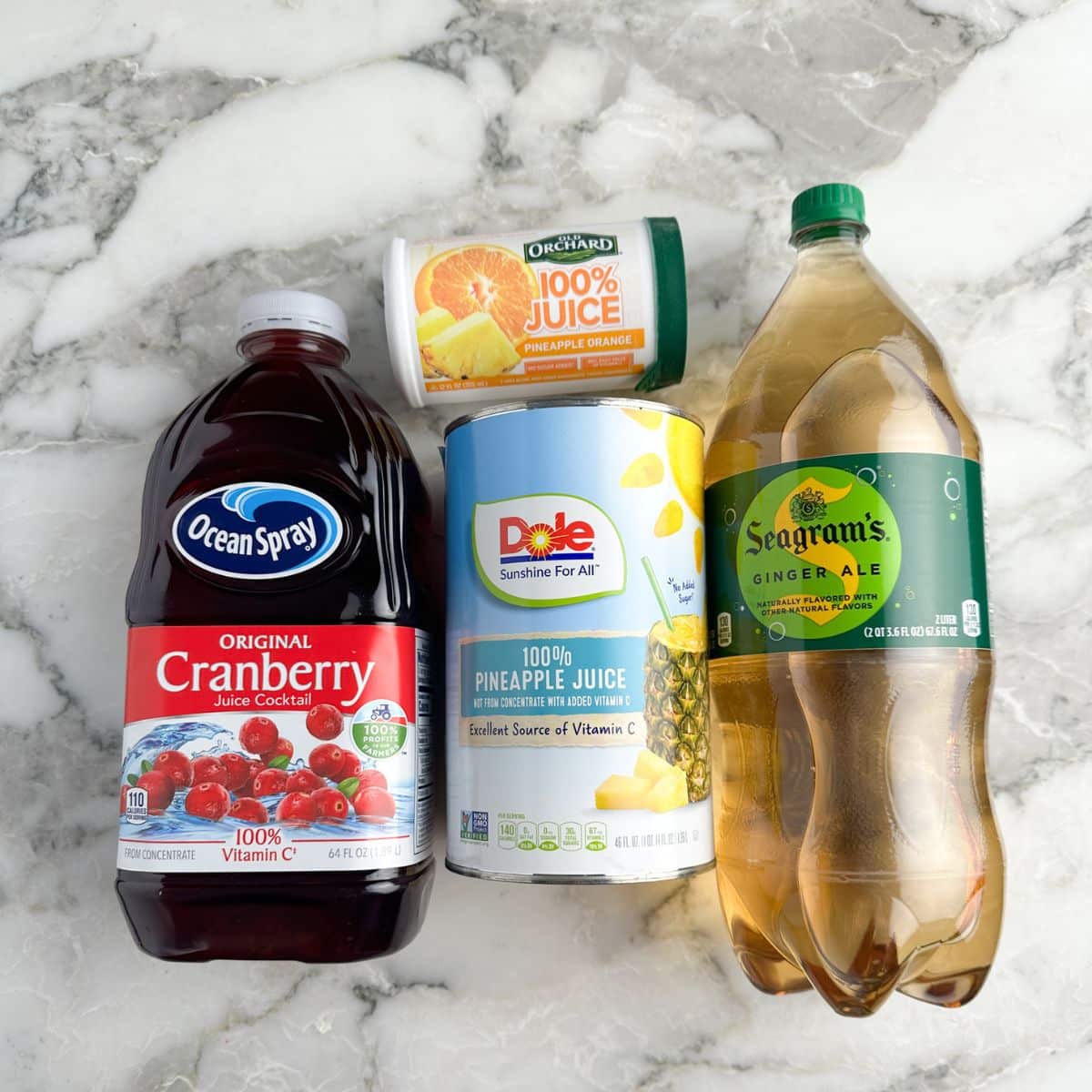 Cranberry juice, pineapple juice, ginger ale, and orange juice.