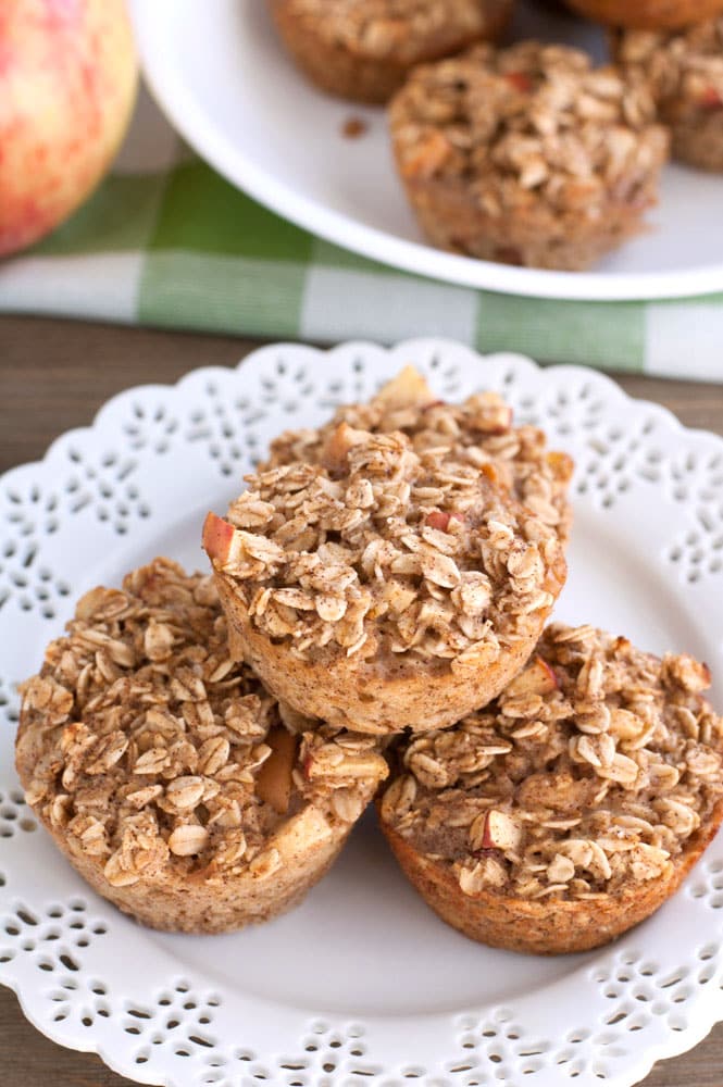 Plate with baked oatmeal cups stacked on each other. 