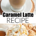 A mug with caramel latte topped with whipped cream and caramel syrup.