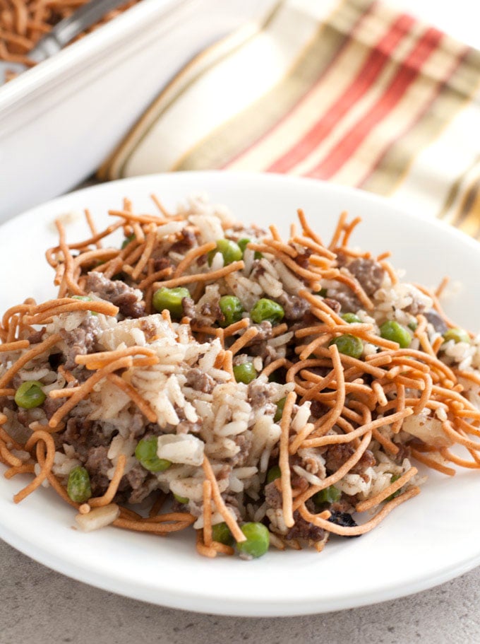Asian Beef and Rice Casserole with crispy chow mein noodles
