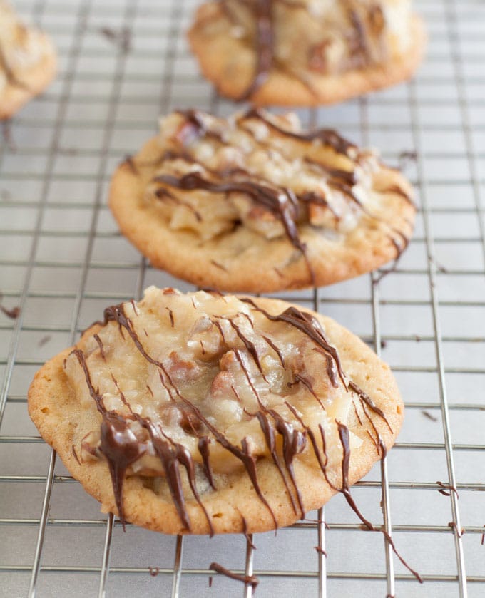 German Chocolate Chocolate Chip Cookies on baking rack