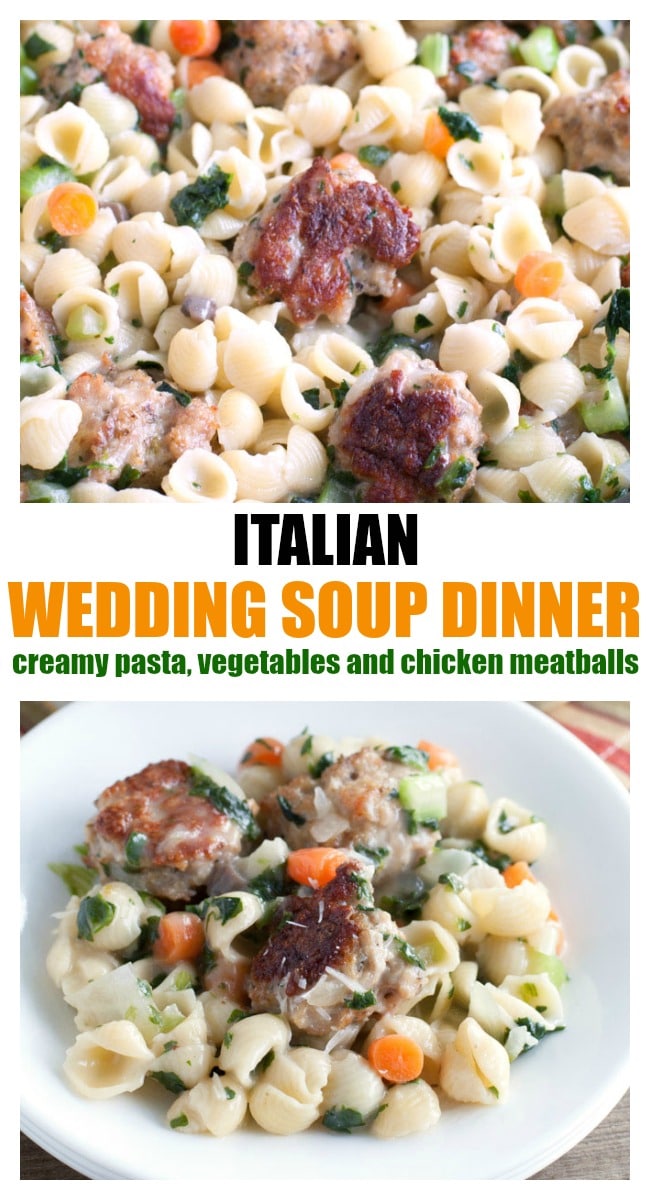 Italian Wedding Soup Dinner has all of the delicious flavors of Italian Wedding Soup in a pasta dish. Filled with easy homemade chicken meatballs, pasta and veggies, this is sure to become a family favorite. #meatballs #italianweddingsoup #pasta #vegetables #easydinner