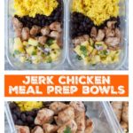 Container with yellow rice, black beans and chicken.