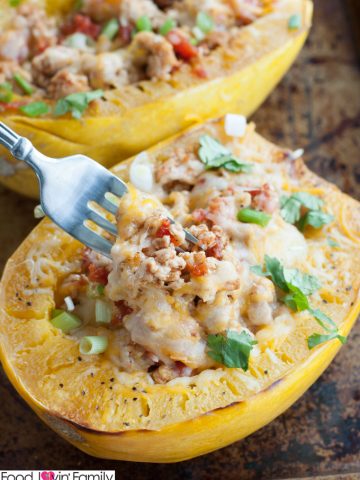 Spaghetti squash filled with ground chicken and cheese.
