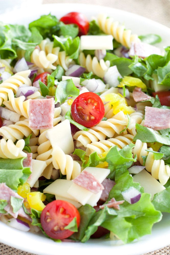 Italian Sub Pasta Salad in a white bowl