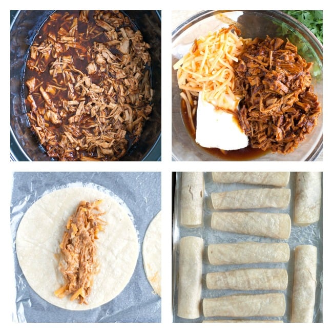 BBQ in crockpot, bowl with BBQ, Cheese, Cream Cheese, Mixture rolled in a tortilla