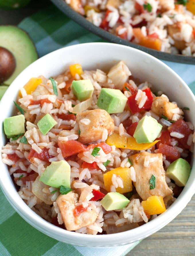 Bowl filled with rice and diced chicken. 