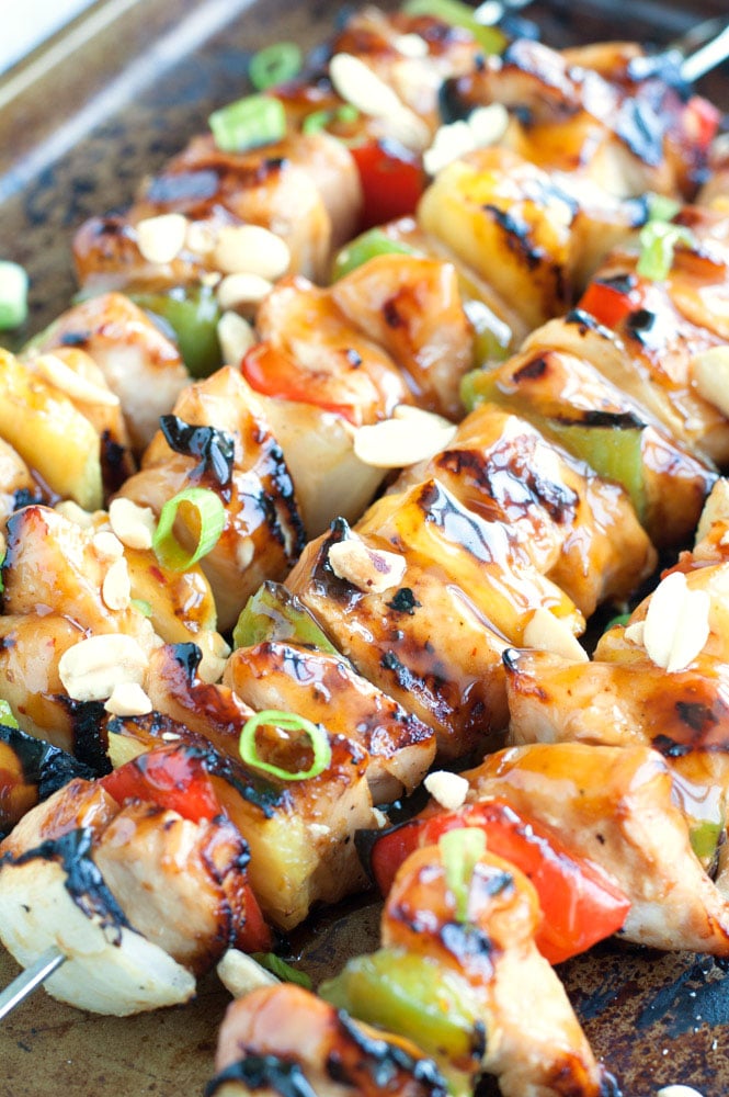 Grilled chicken and pineapple on a skewer. 