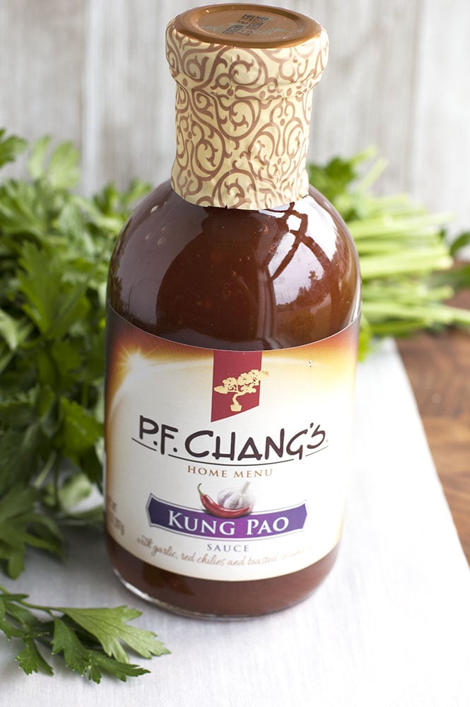 Kung Pao Chicken Skewers Asian cuisine made simple with bottle of Kung Pao Sauce