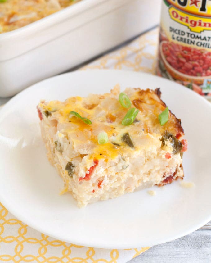 Southwestern Breakfast Casserole is a bold spin on breakfast. Packed full of flavor, made with RO*TEL, eggs, potatoes, green pepper and cheese.