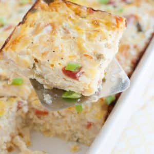 Baking dish with breakfast casserole.