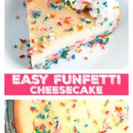 Piece of cheesecake on plate with sprinkles.