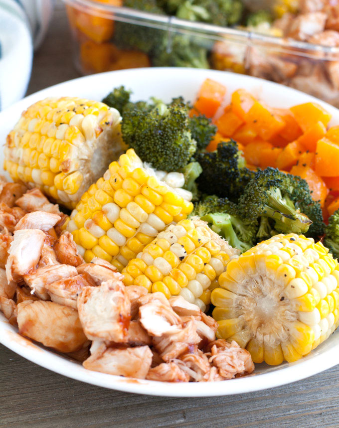 Plate with corn, chopped chicken, broccoli and squash. 