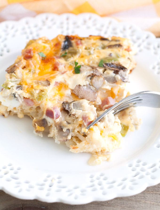 Western Omelet Breakfast Casserole on a plate with a fork