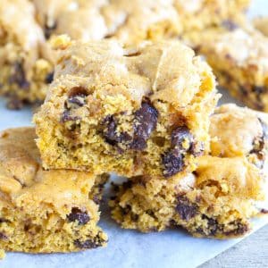 Pumpkin chocoalte chip bars on table.