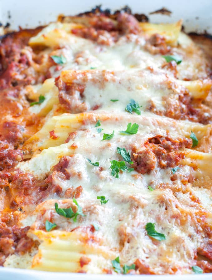 Sausage Manicotti in casserole dish