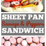 Bun with sliced sausage, onions and peppers.