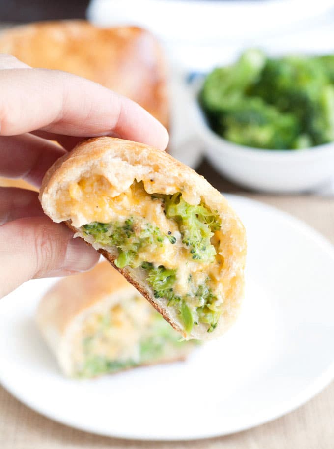 Homemade Chicken Broccoli and Cheese Pockets cut open