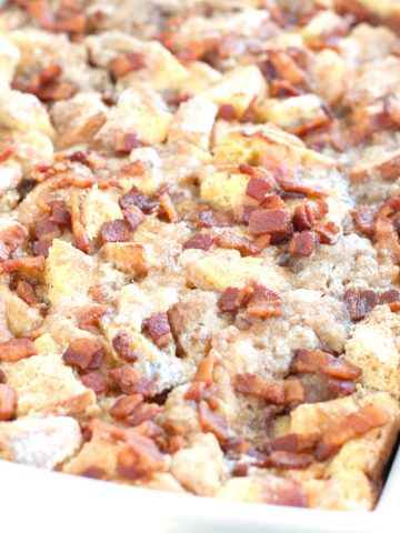 Baking dish with french toast casserole.