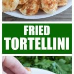 Fried tortellini on plate with bowl of marinara.