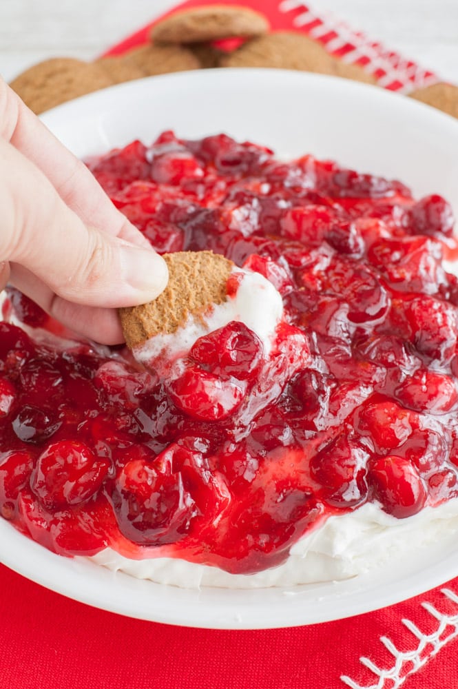 cranberry cheesecake dip on a gingersnap cookie