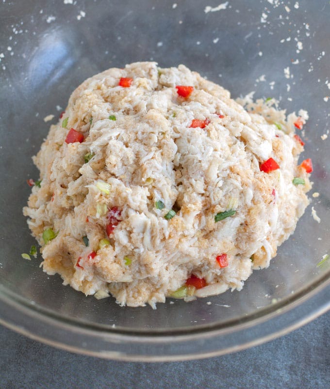 Filling for crab cakes in a bowl