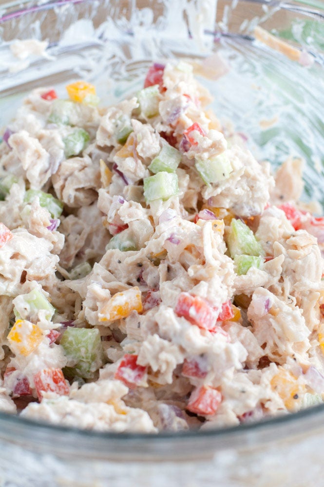 healthy meal prep recipes - Chicken salad mixture in a glass bowl