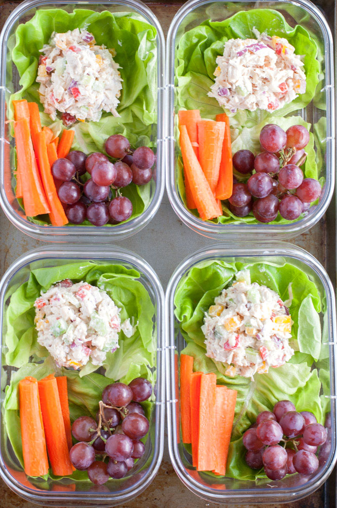 chicken salad meal prep in four containers