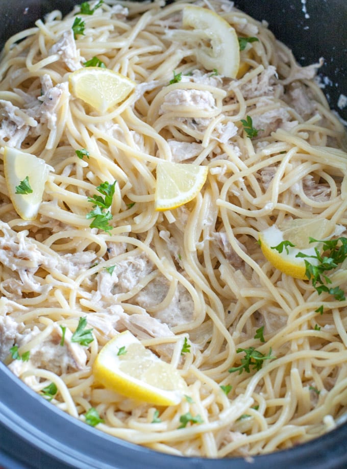 Slow Cooker Creamy Lemon Chicken Spaghetti creamy lemon chicken in the crockpot