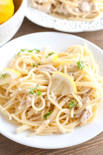 Slow Cooker Creamy Lemon Chicken Spaghetti - Food Lovin Family