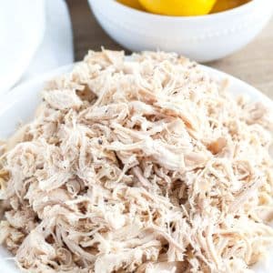 Shredded chicken in a bowl.