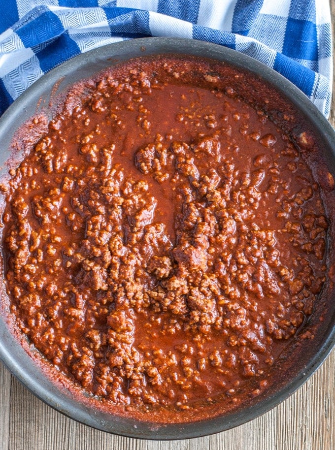 Homemade sloppy joes in a skillet