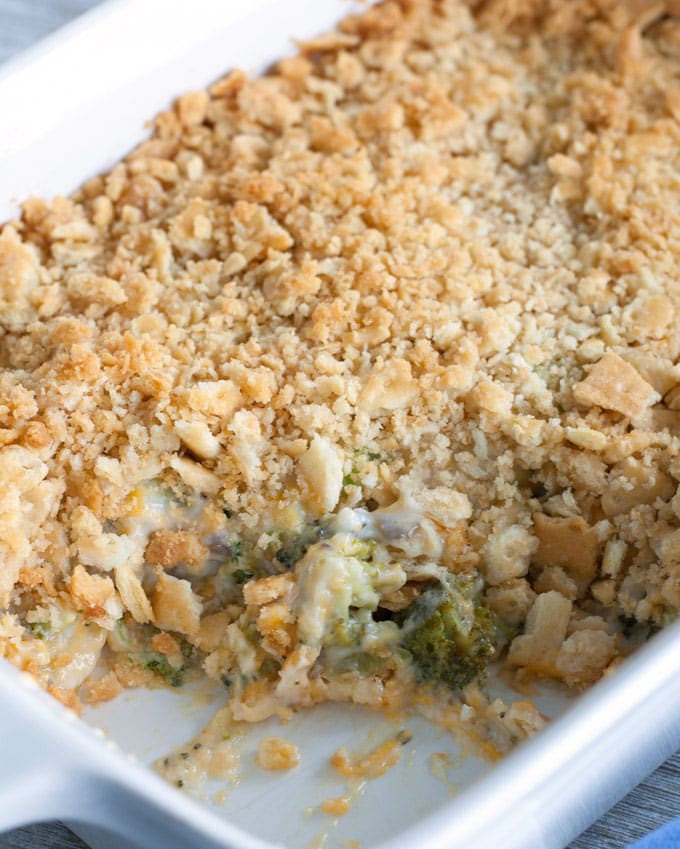 broccoli cheese casserole in a casserole dish