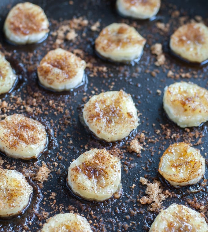 Cooked fried bananas in a skillet