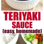 Bowl of teriyaki sauce and plate of vegetables.
