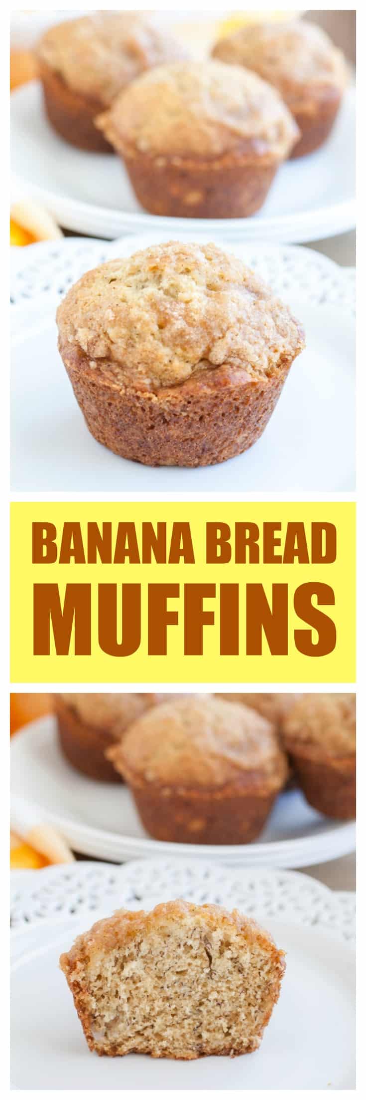 Banana Bread Muffins taste just like a loaf of banana bread. They are topped with a cinnamon crumble! #BananaBreadMuffins #BananaBread #muffins