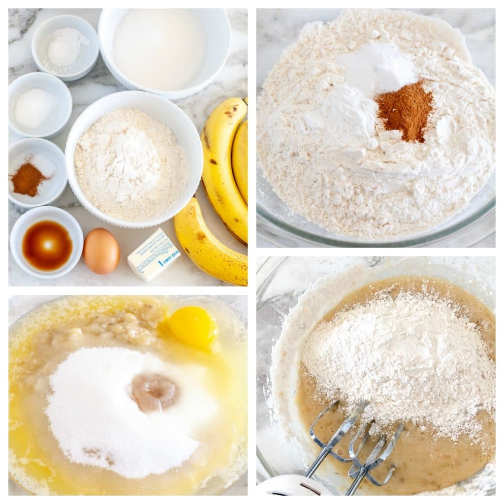 Flour, sugar, bananas, butter, egg combined in a bowl.