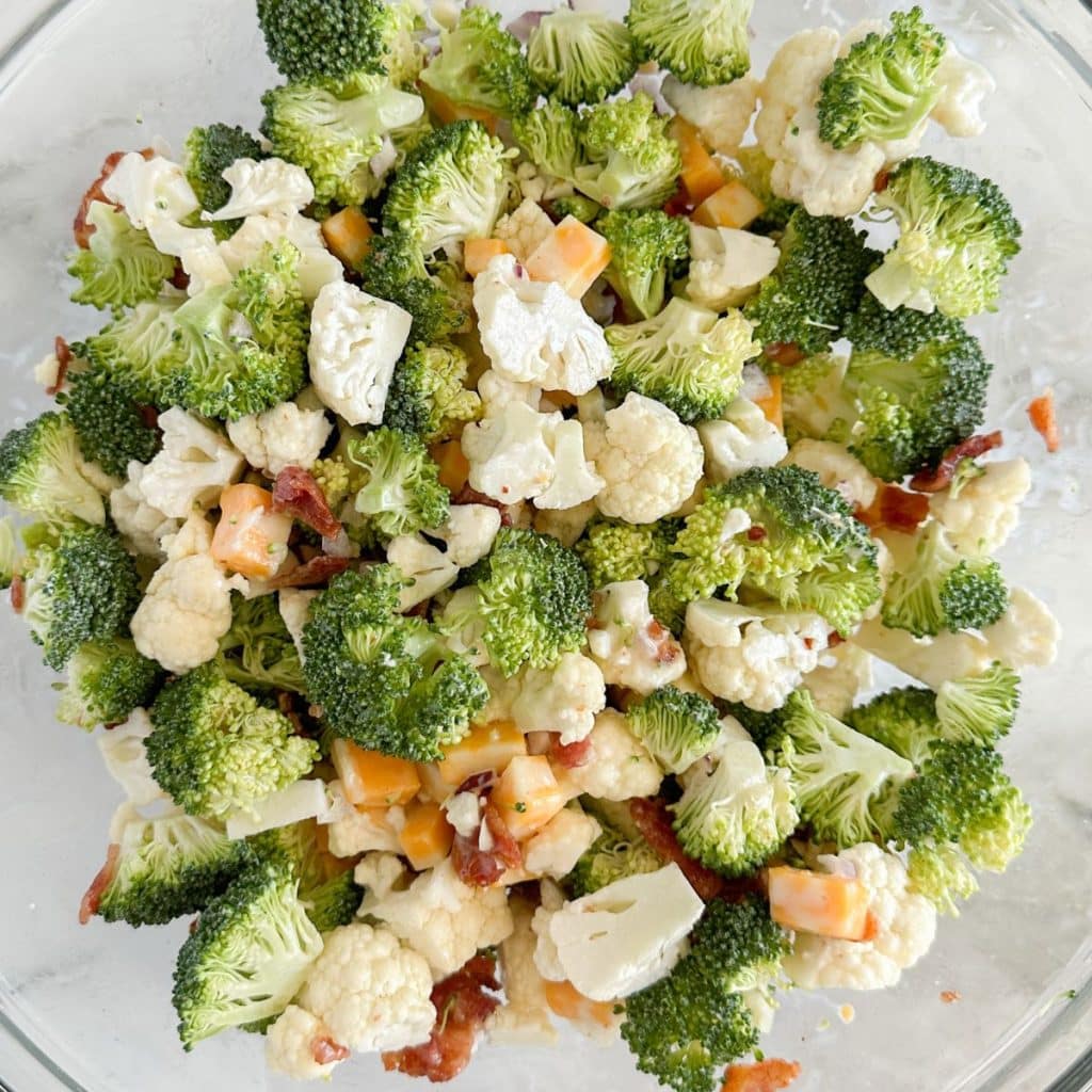 Broccoli cauliflower salad in a bowl. 