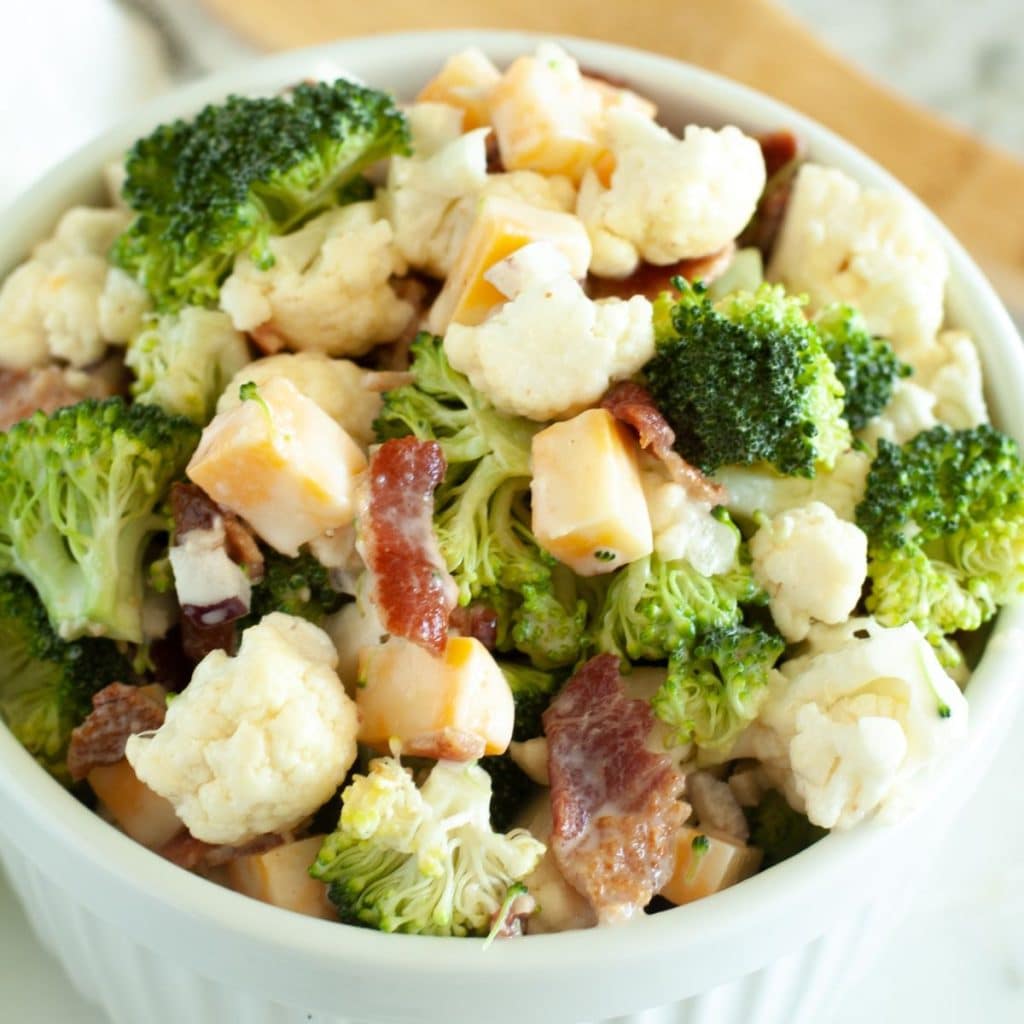 Broccoli salad in a bowl. 