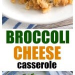 Broccoli cheese casserole on a plate.