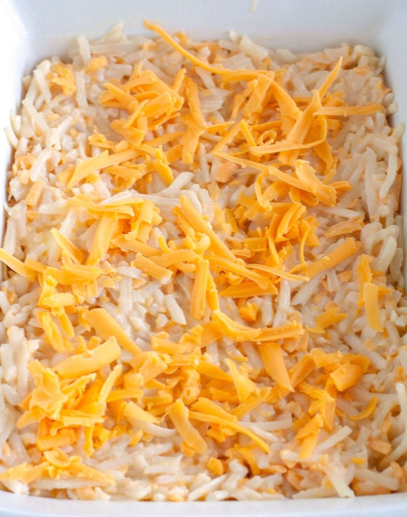 Hashbrown Casserole In a casserole dish before bake