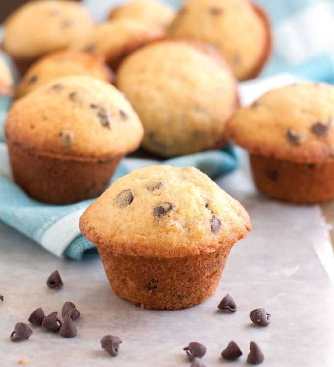 Chocolate chip mini muffins on table. 