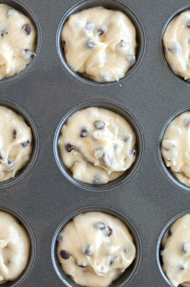 chocolate chip muffin batter in muffin pan