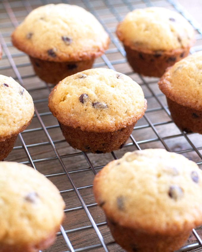 chocolate chip muffins on a wire rack