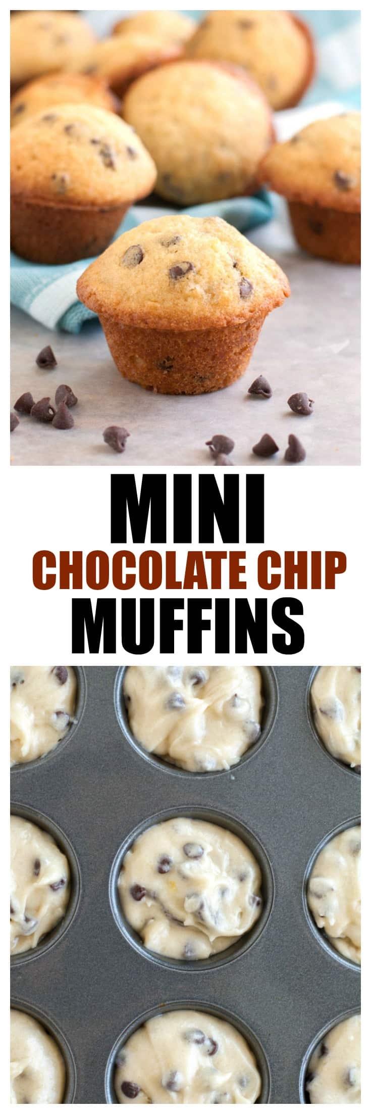 Mini chocolate chip muffins are a fun breakfast or a snack. Everyone loves these bite sized muffins! #minimuffins #chocolatechipmuffins #chocolatechips #snack